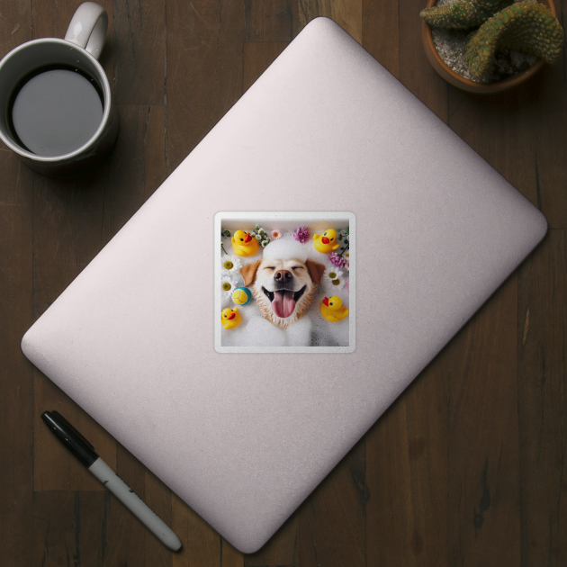 very happy dog laid back and relaxing in the bubble bath by clearviewstock